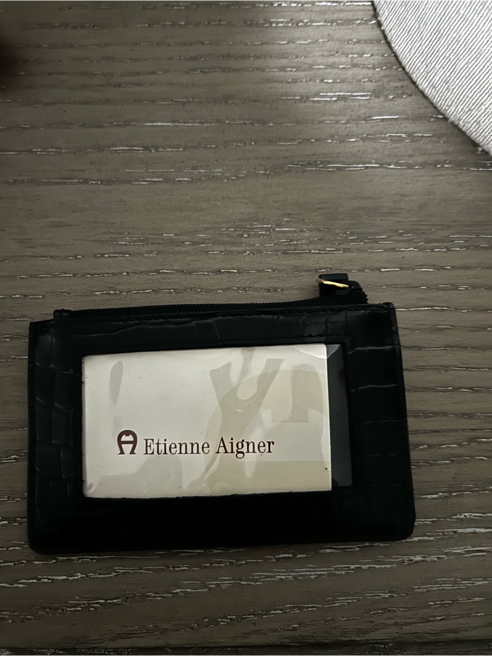 Etienne Aigner Leather ID Holder Zippered Pouch Black Embossed Wallet (ToteHH)